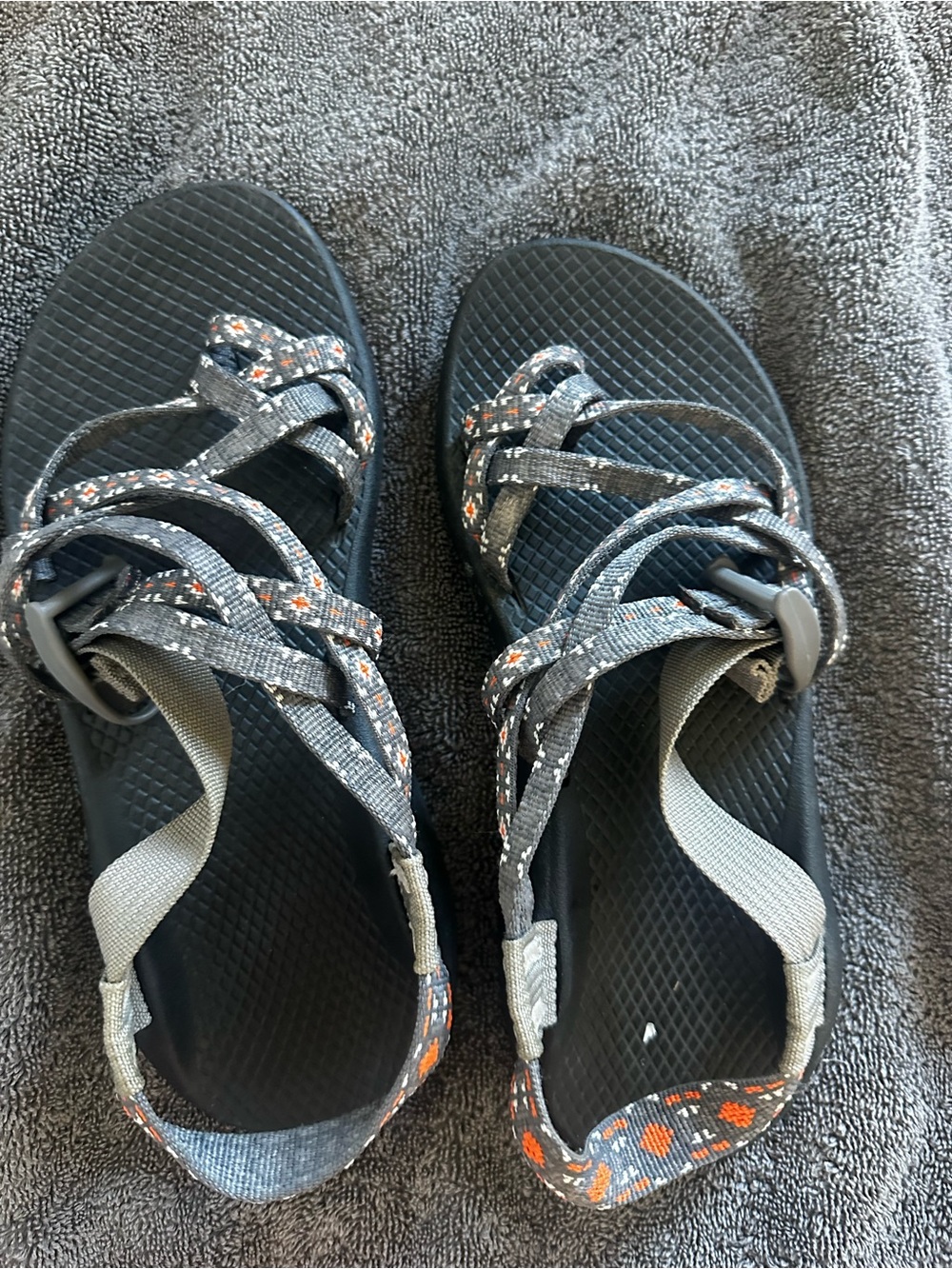 Chaco Women's Gray Sandals with Orange and White Patterned Straps